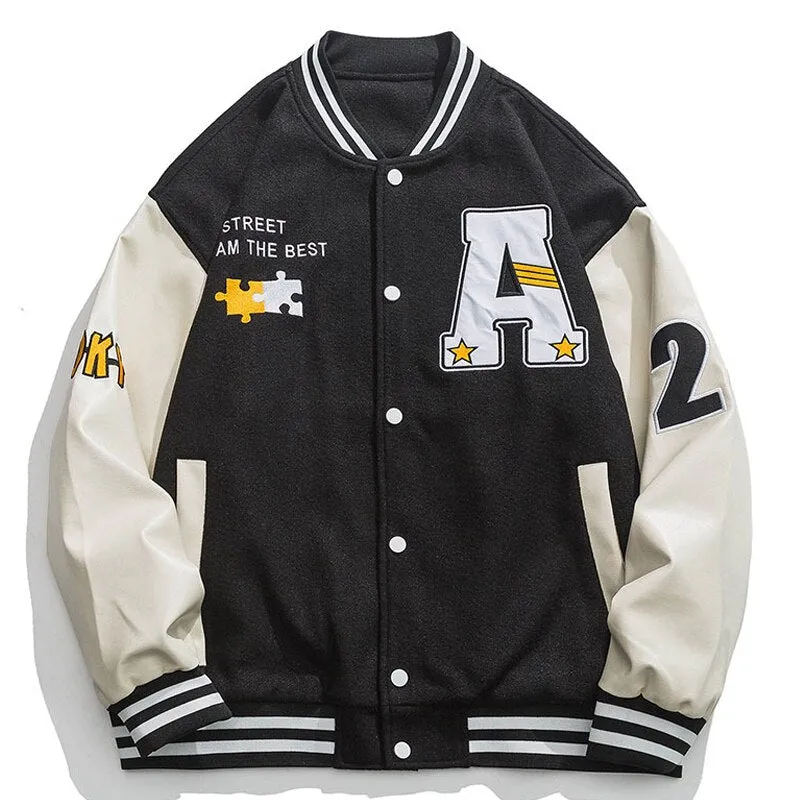 Hip Hop Men Varsity Jacket Puzzle Letter Embroidery Patchwork Retro Jacket Spring Woman PU Leather Bomber Coat Men's Clothing