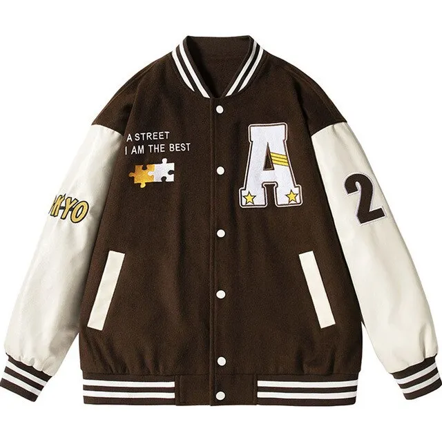 Hip Hop Men Varsity Jacket Puzzle Letter Embroidery Patchwork Retro Jacket Spring Woman PU Leather Bomber Coat Men's Clothing