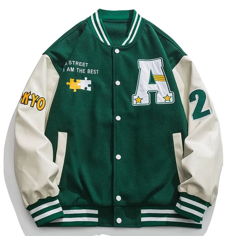 Hip Hop Men Varsity Jacket Puzzle Letter Embroidery Patchwork Retro Jacket Spring Woman PU Leather Bomber Coat Men's Clothing