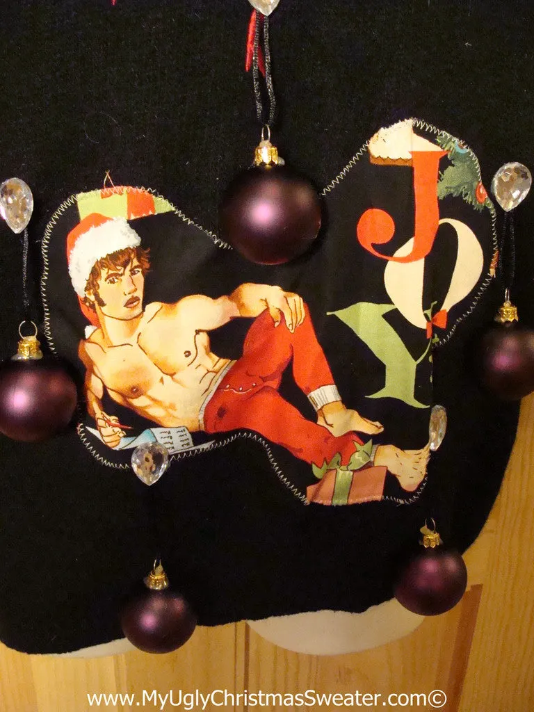 Hottie Guy Tacky Ugly Christmas Sweater 3D Ornaments 80s Padded Shoulders (b48)