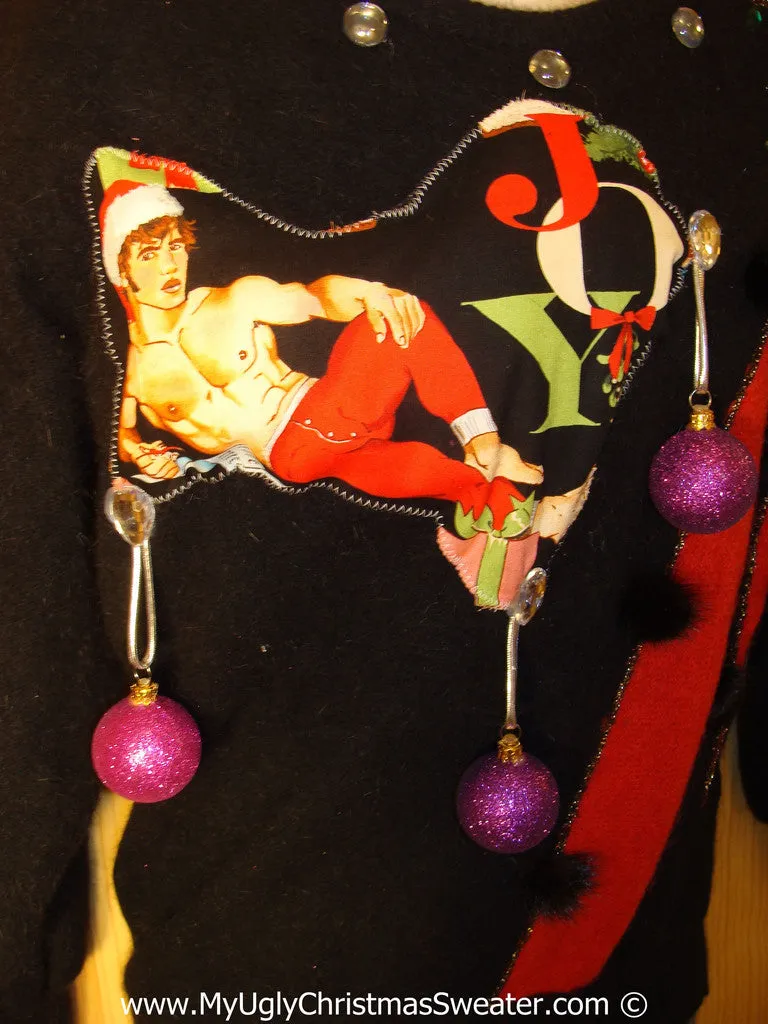 Hottie Guy Tacky Ugly Christmas Sweater 80s Padded Shoulders 3D Ornaments (b60)