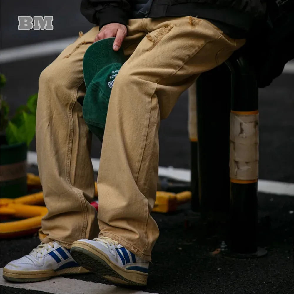 Japanese Streetwear Ripped Cargo Pants for Men - Casual Straight Dye Trousers