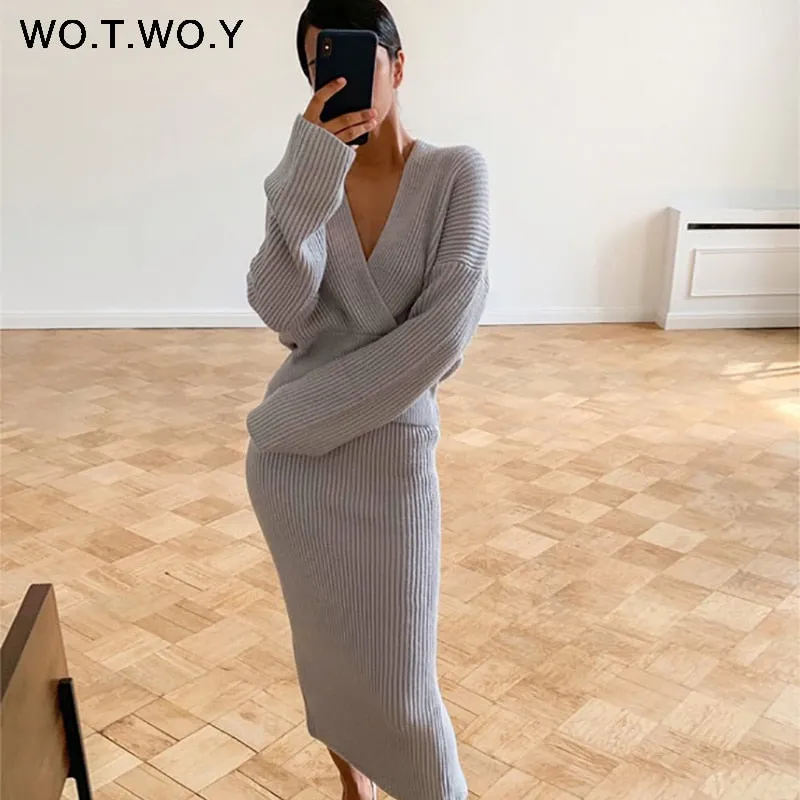 Joskaa Christmas Gift WOTWOY Sexy V-Neck Sweater and Skirt Knitted Two Piece Set Women Split Wrapped Skirt and Cropped Top Set Women 2020 Autumn Suits