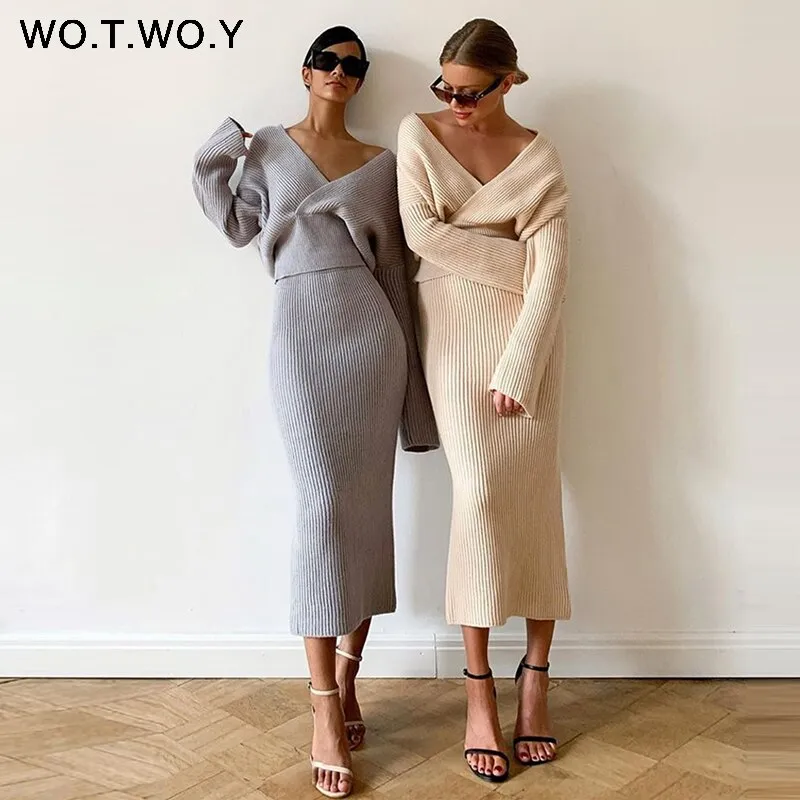 Joskaa Christmas Gift WOTWOY Sexy V-Neck Sweater and Skirt Knitted Two Piece Set Women Split Wrapped Skirt and Cropped Top Set Women 2020 Autumn Suits