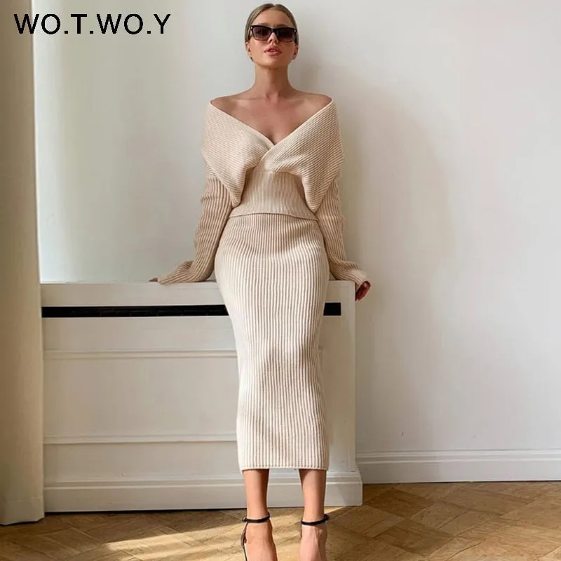 Joskaa Christmas Gift WOTWOY Sexy V-Neck Sweater and Skirt Knitted Two Piece Set Women Split Wrapped Skirt and Cropped Top Set Women 2020 Autumn Suits