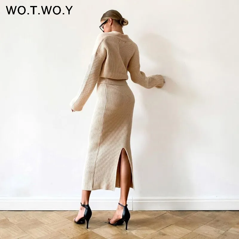 Joskaa Christmas Gift WOTWOY Sexy V-Neck Sweater and Skirt Knitted Two Piece Set Women Split Wrapped Skirt and Cropped Top Set Women 2020 Autumn Suits