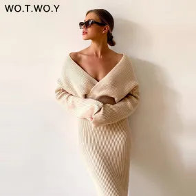 Joskaa Christmas Gift WOTWOY Sexy V-Neck Sweater and Skirt Knitted Two Piece Set Women Split Wrapped Skirt and Cropped Top Set Women 2020 Autumn Suits