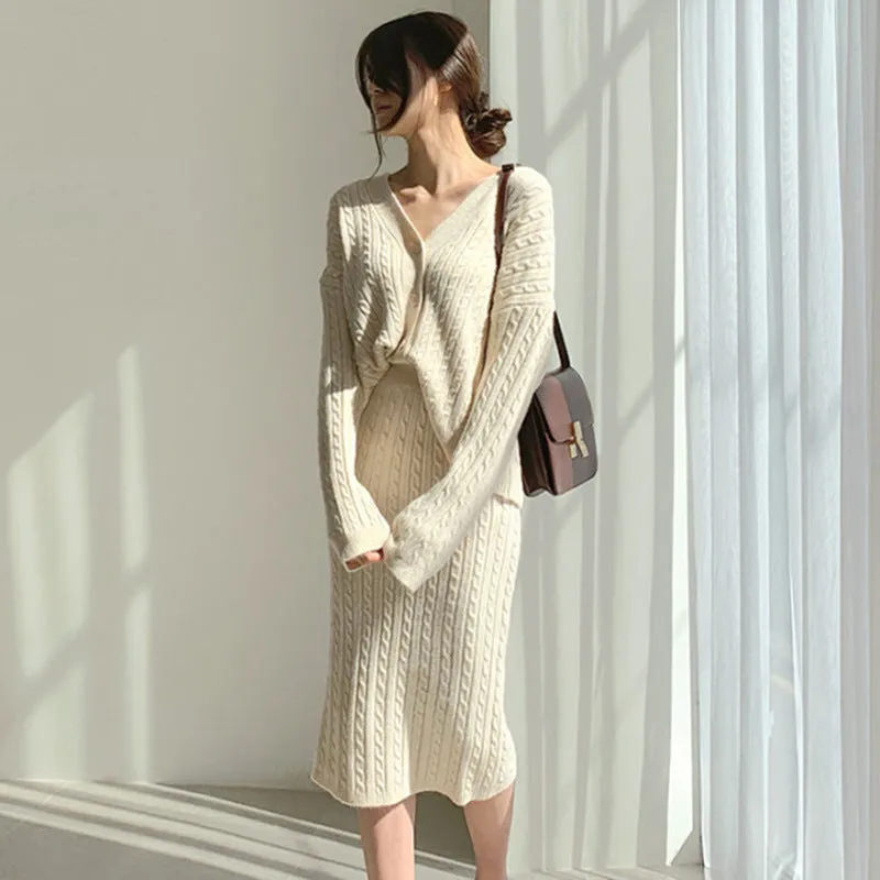 Joskaa Knit 2 Piece Set Sweater Cardigans Midi Skirts Woman Fall Winter 2024 Elastic Band High Waist Long Skirt Office Outfits