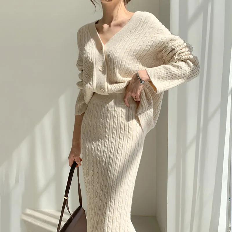 Joskaa Knit 2 Piece Set Sweater Cardigans Midi Skirts Woman Fall Winter 2024 Elastic Band High Waist Long Skirt Office Outfits