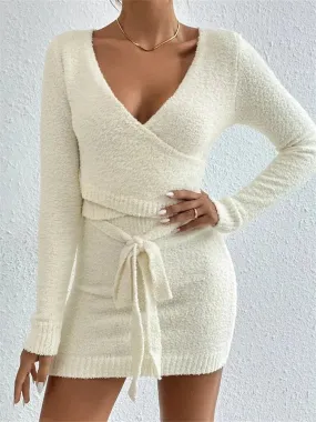 JuliaFashion - Knitted Criss-cross Tie-up Sweater Skirt Suits