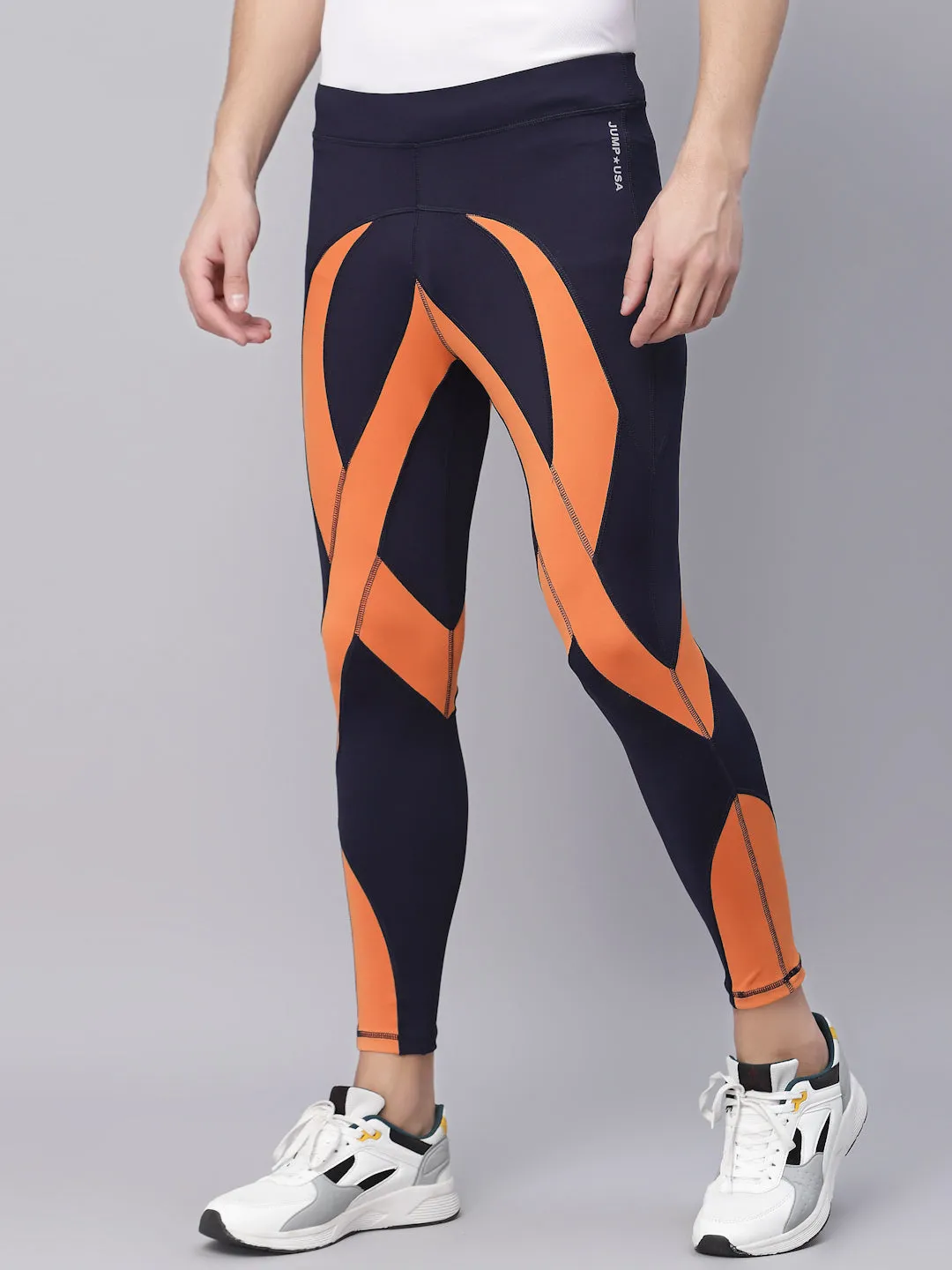 JUMP USA Navy Blue-Orange Rapid-Dry Training Tights For Men