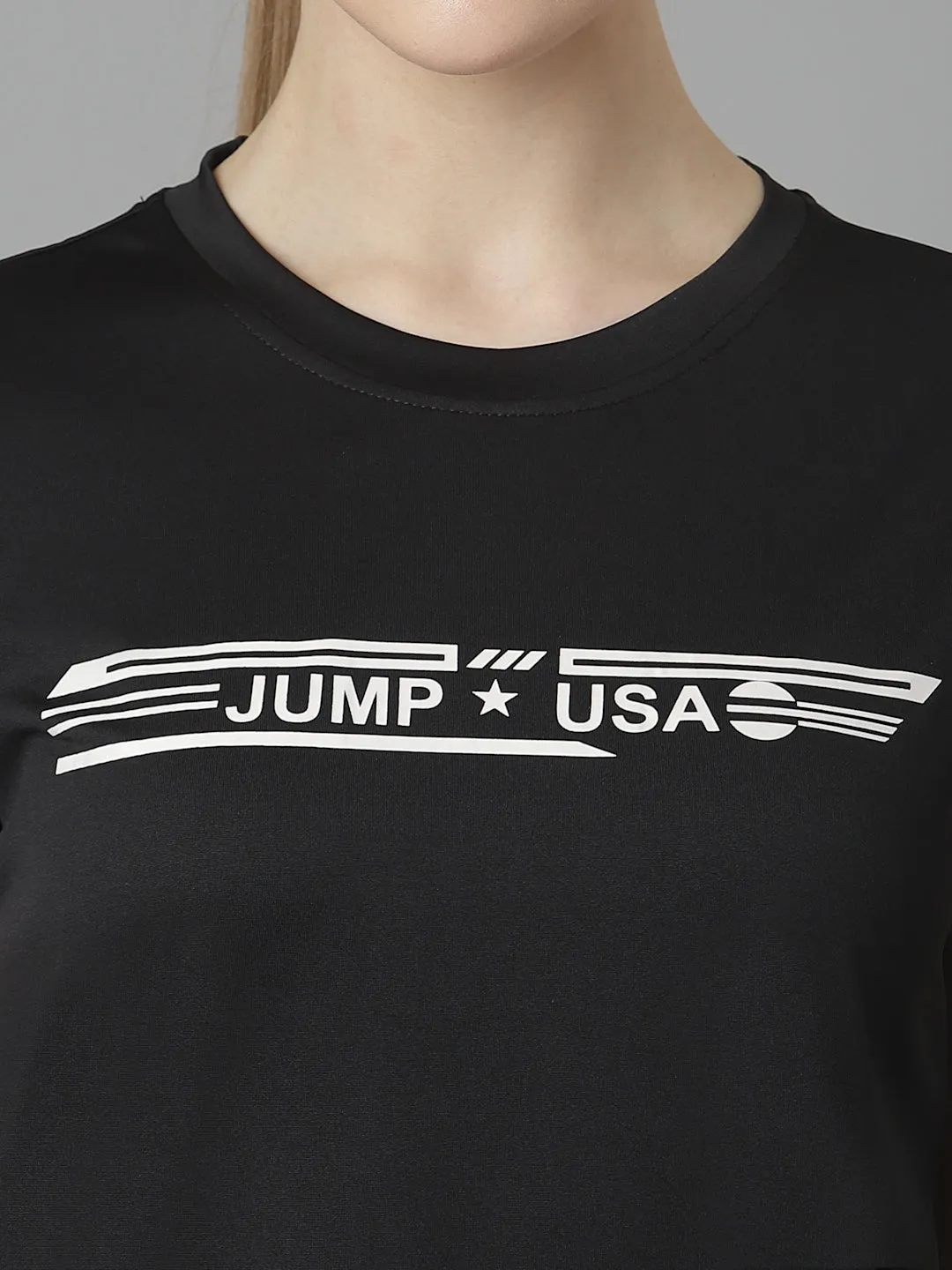 JUMP USA Women Black Typography Printed Polyester T-shirt