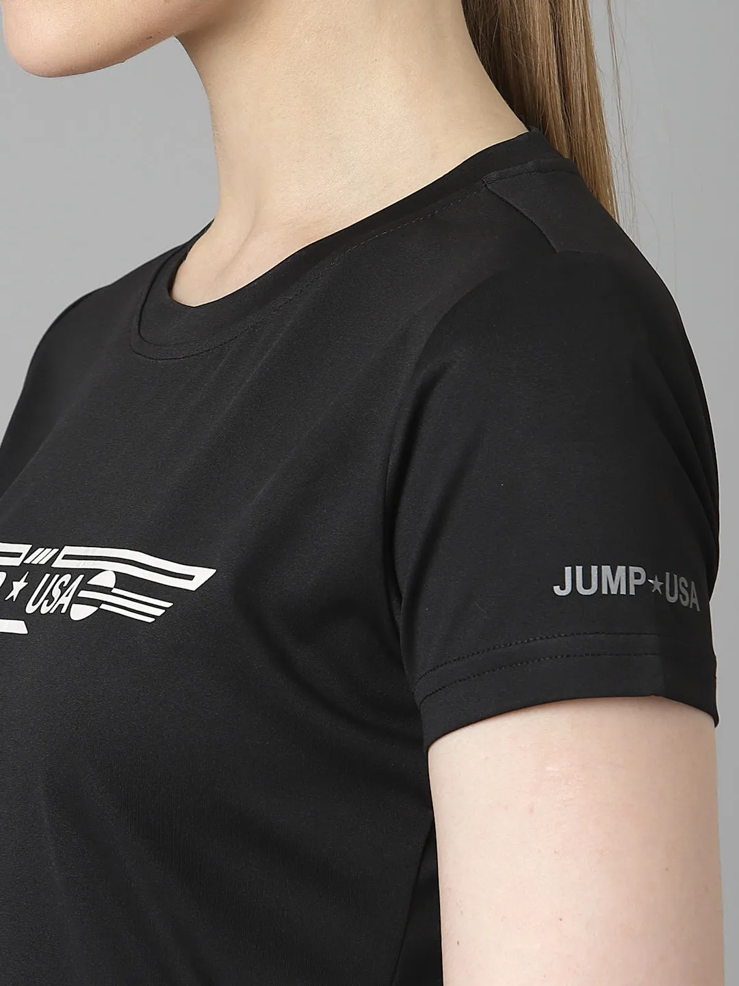 JUMP USA Women Black Typography Printed Polyester T-shirt