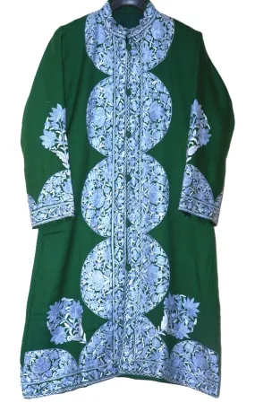 Kashmiri Woolen Coat Green, Blue Embroidery #AO-192