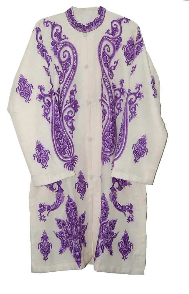 Kashmiri Woolen Coat Off-White, Purple Embroidery #AO-1232