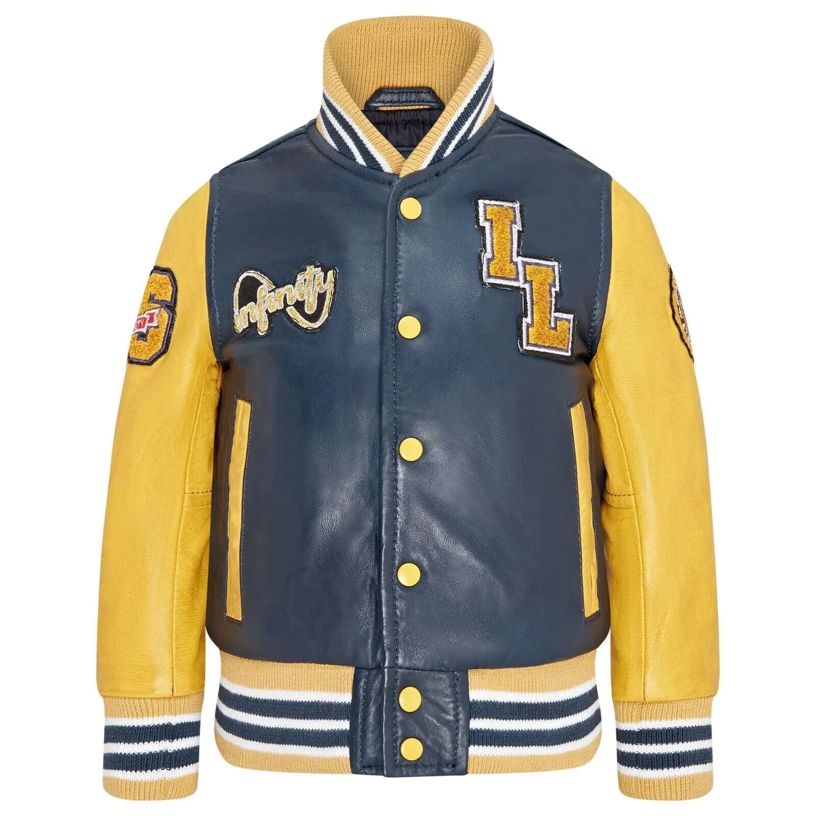 Kids Navy Blue Genuine Leather Bomber Jacket Baseball Letterman Coat