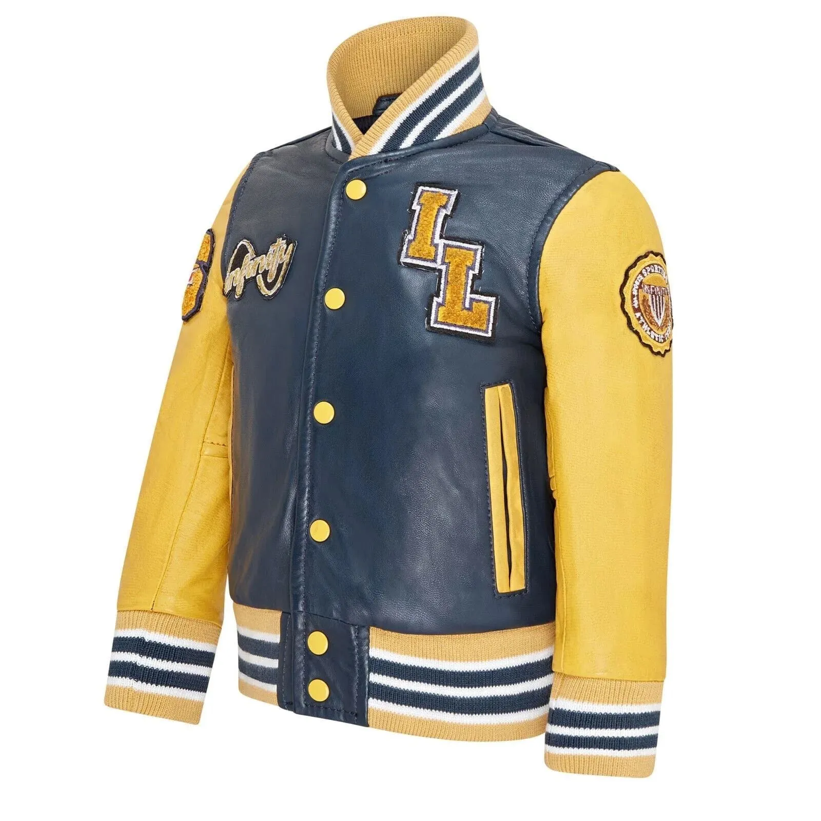 Kids Navy Blue Genuine Leather Bomber Jacket Baseball Letterman Coat