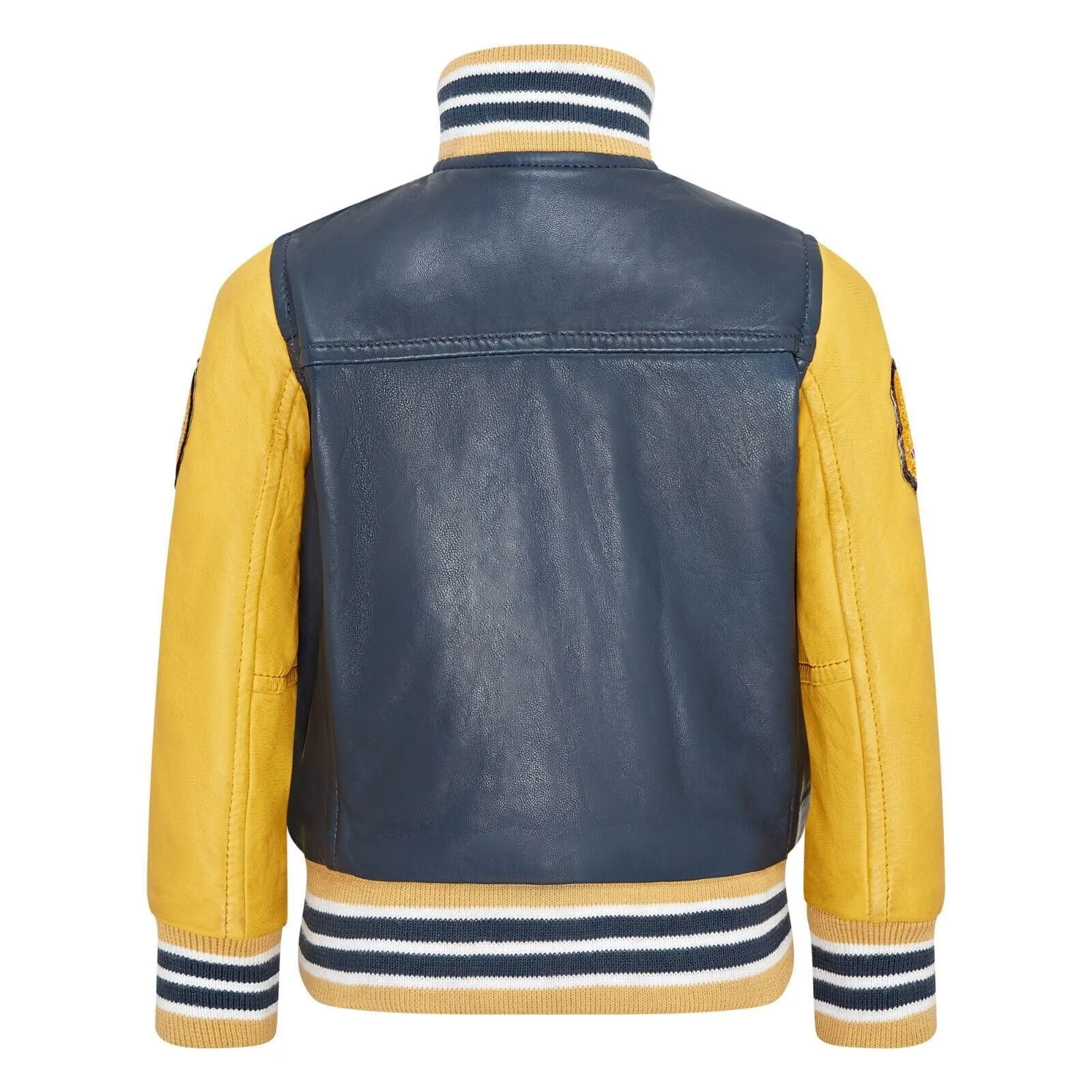 Kids Navy Blue Genuine Leather Bomber Jacket Baseball Letterman Coat