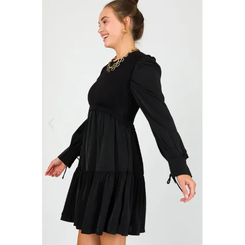 Knit Bodice Satin Mini Dress, Black