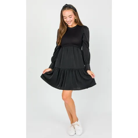 Knit Bodice Satin Mini Dress, Black