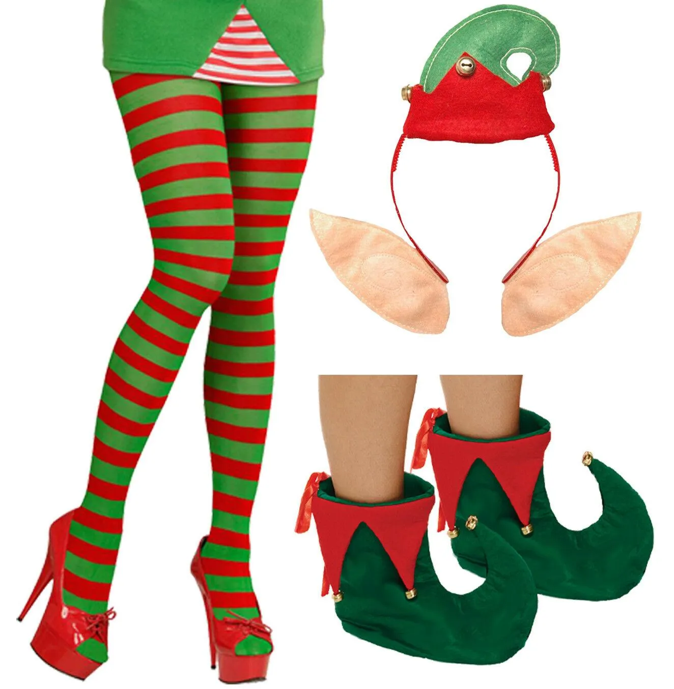 Ladies Christmas Red Green Elf Tights Headbopper Shoe Covers Xmas Party Set