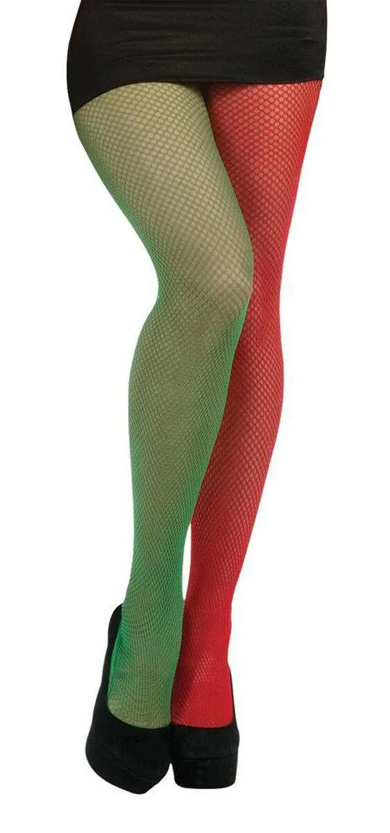 Ladies Christmas Santa Helper Elf Red Green Fishnet Tights Xmas Fancy Dress