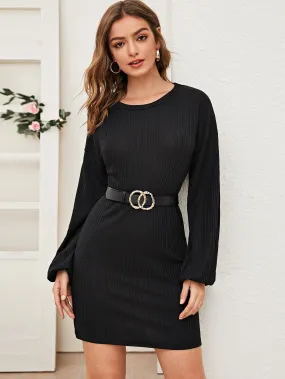 Lantern Sleeve Rib-knit Sweater Dress Without Belt