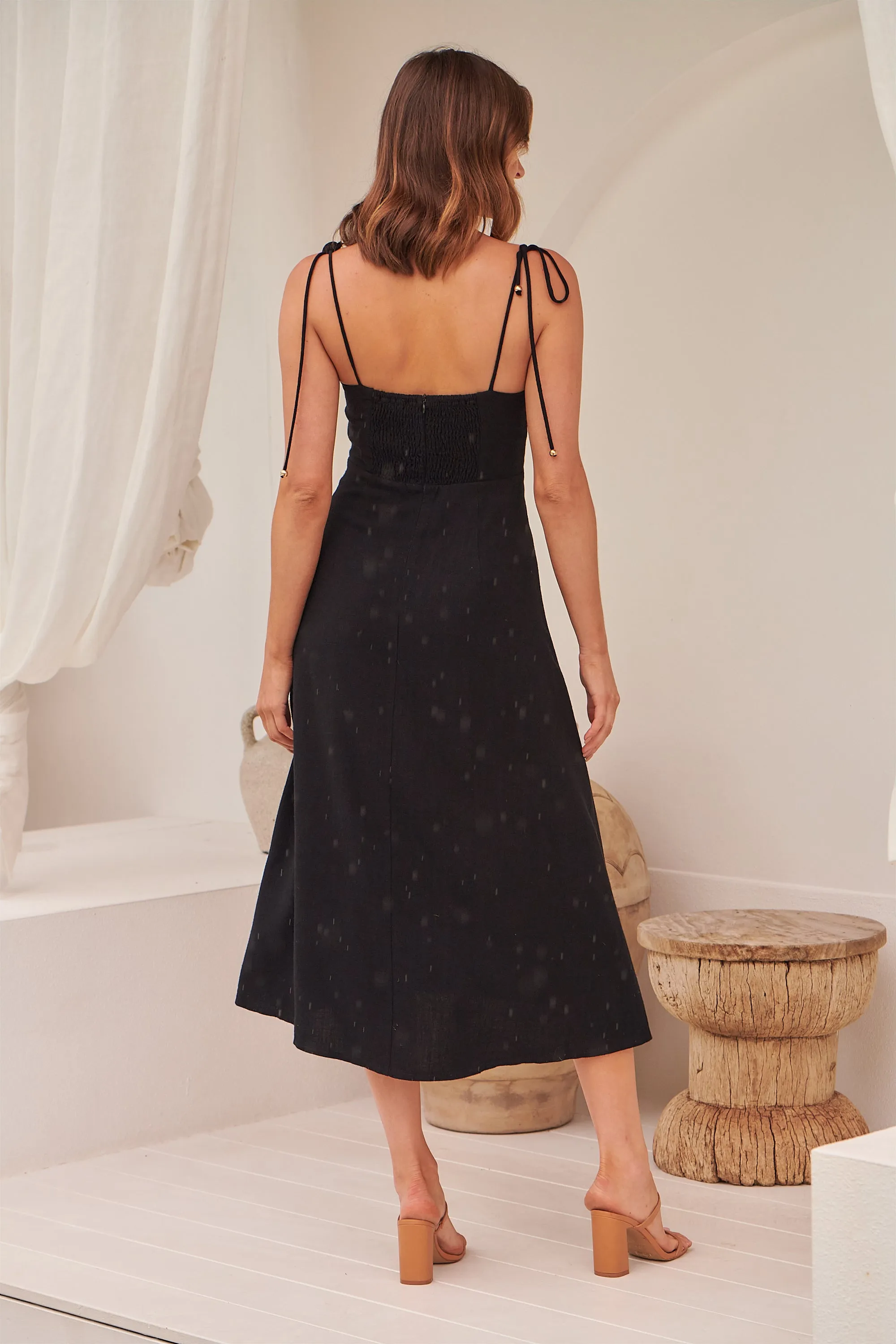 Laurel Faux Linen Black Midi Dress