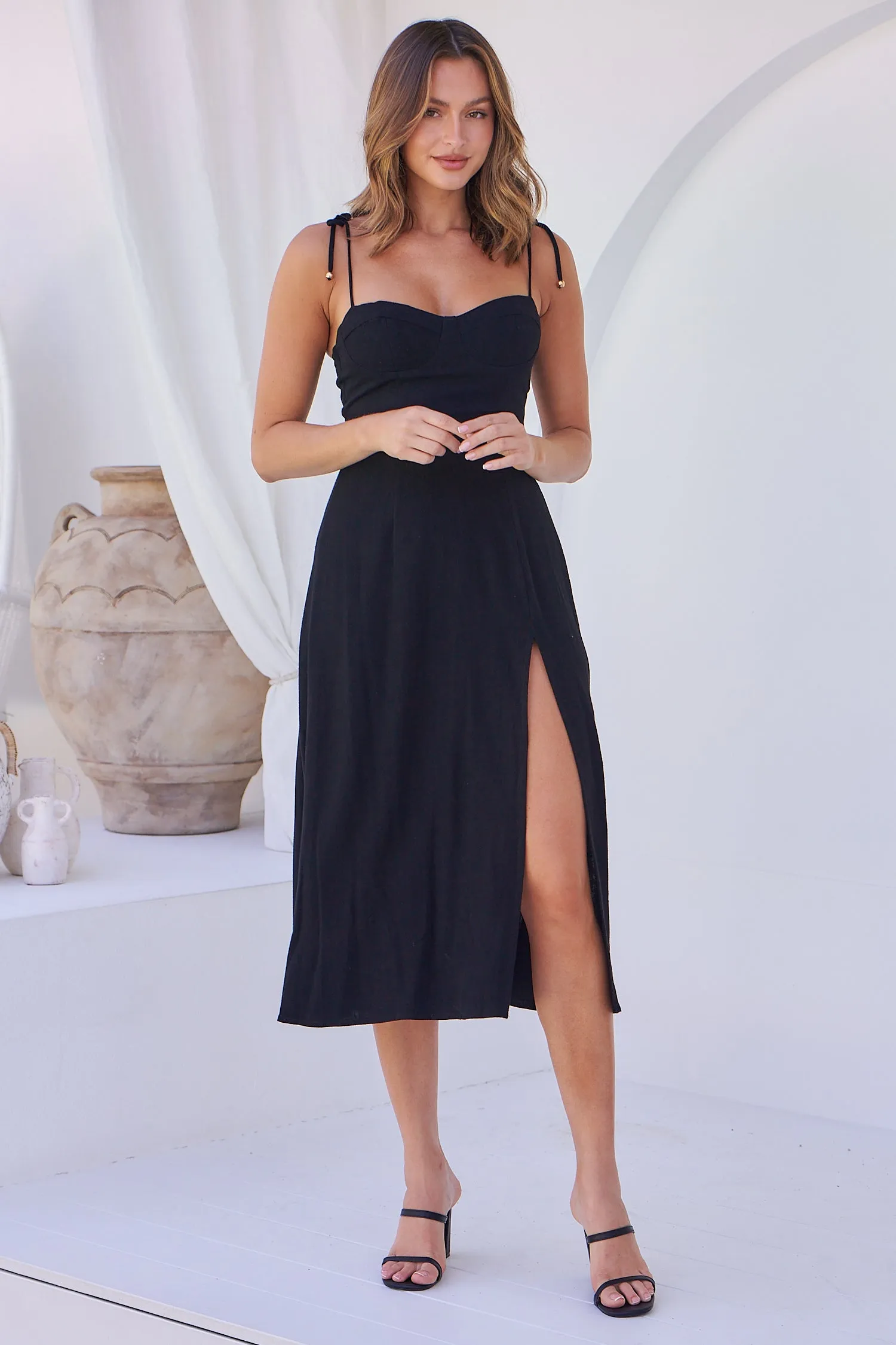 Laurel Faux Linen Black Midi Dress