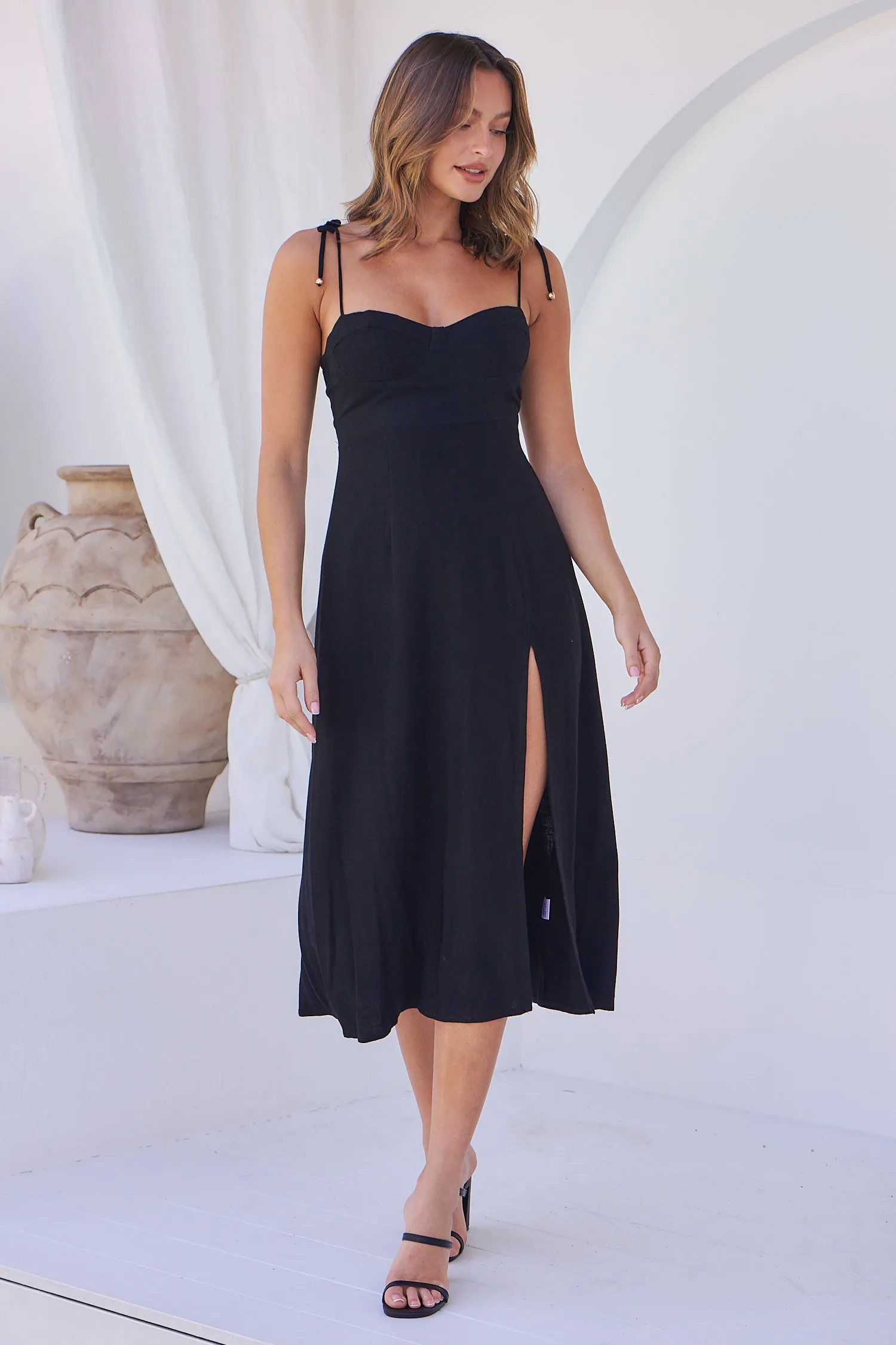 Laurel Faux Linen Black Midi Dress