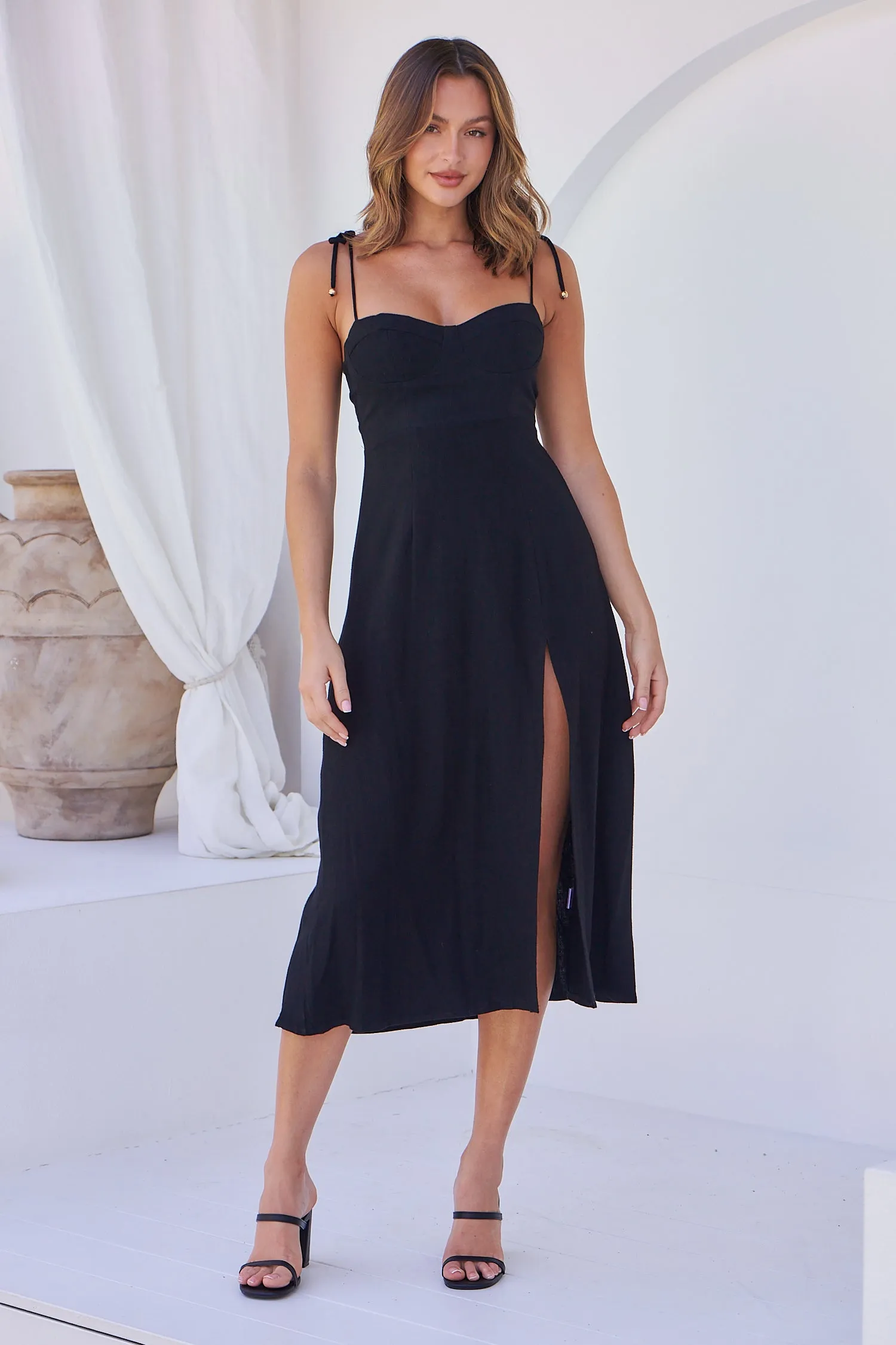 Laurel Faux Linen Black Midi Dress