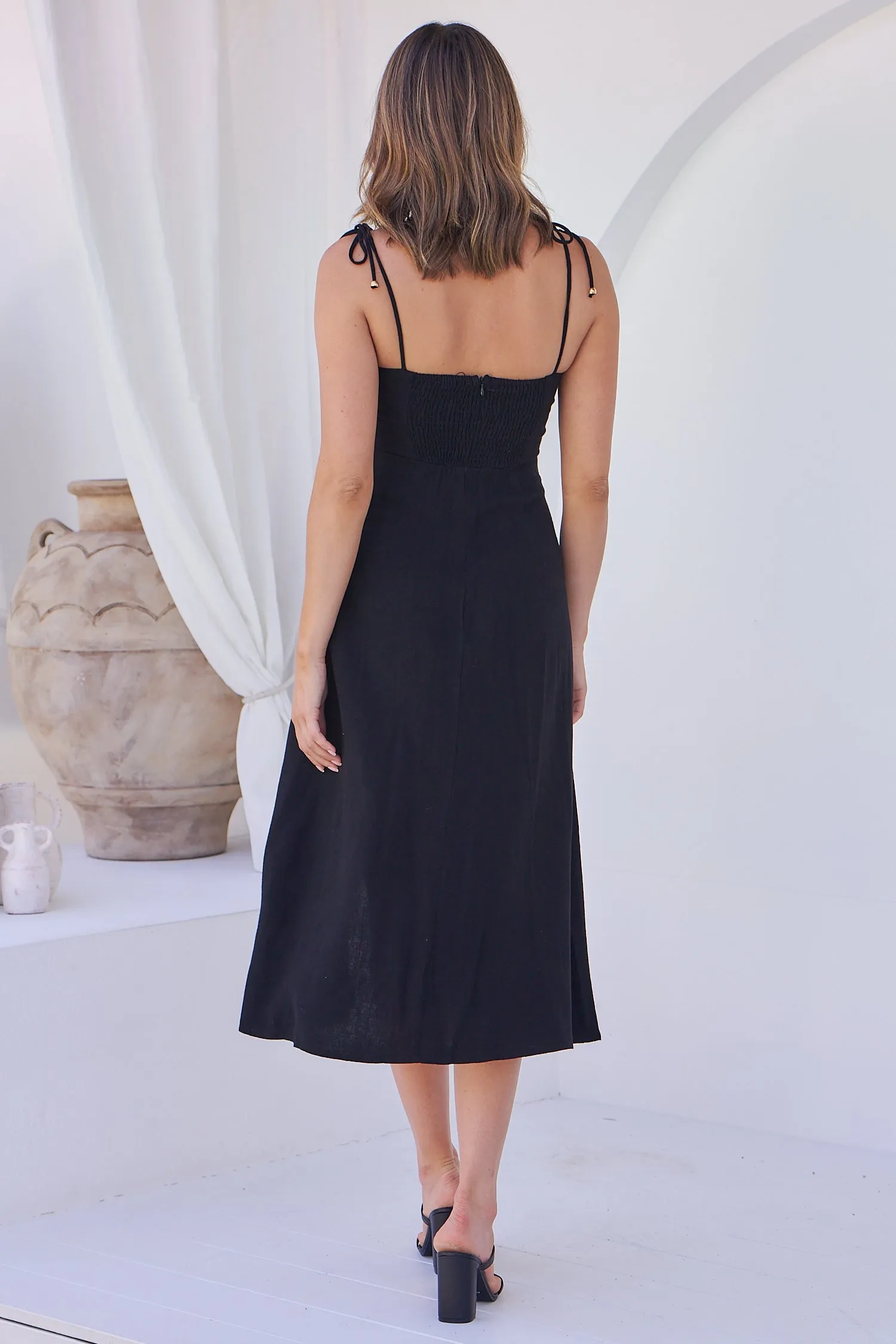 Laurel Faux Linen Black Midi Dress