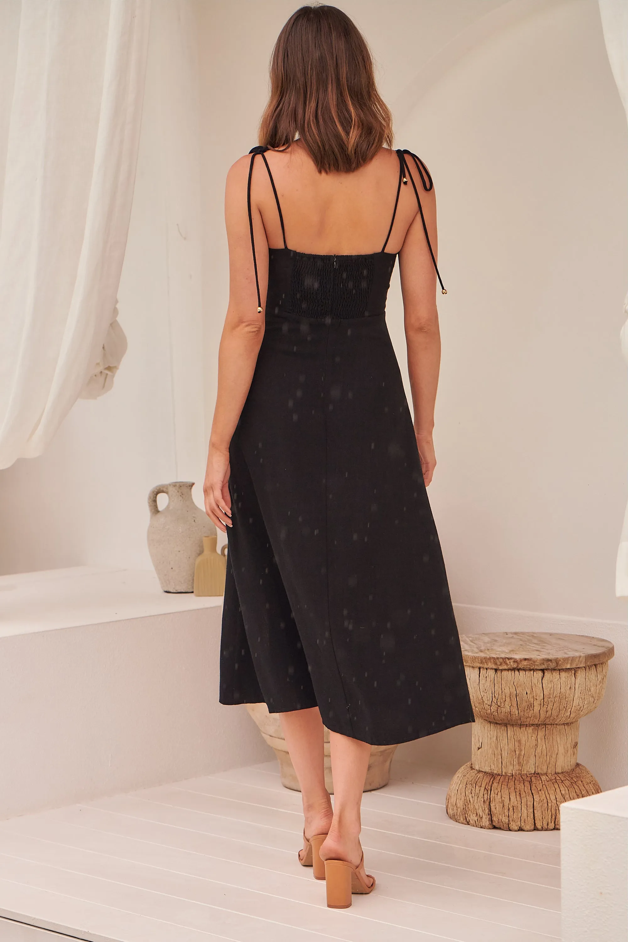 Laurel Faux Linen Black Midi Dress