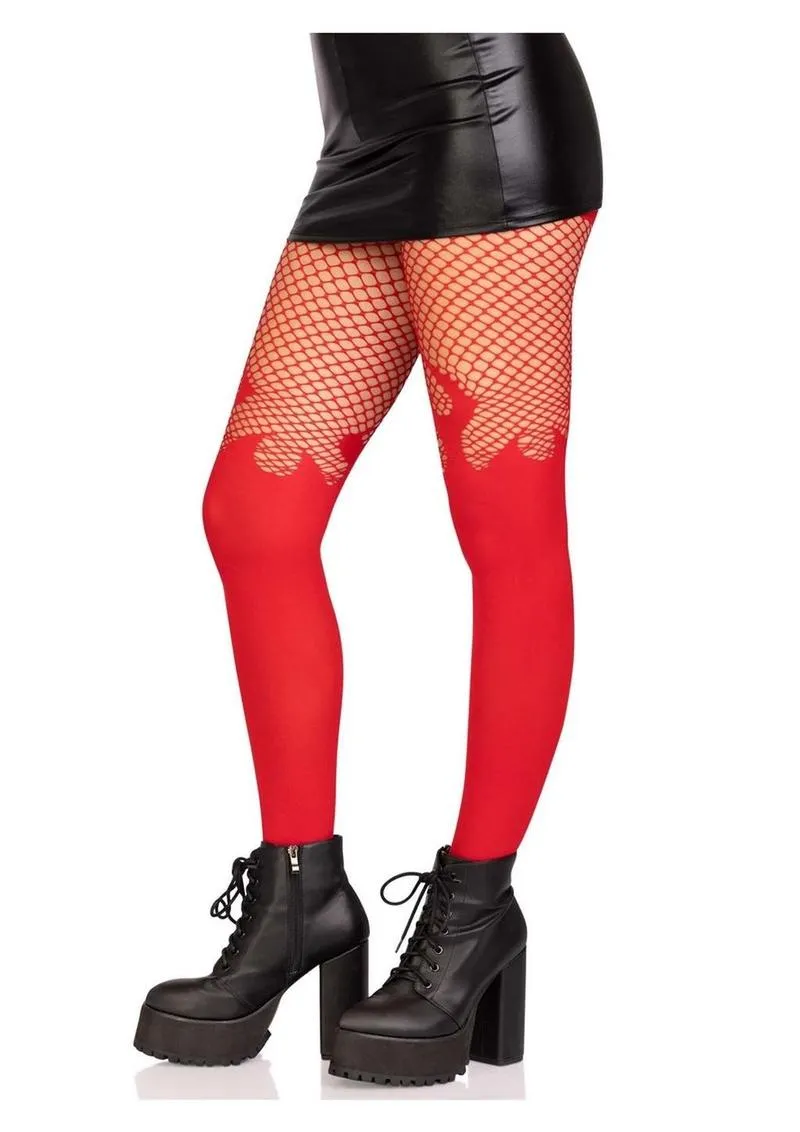 Leg Avenue Opaque Flame Tights with Fishnet Top