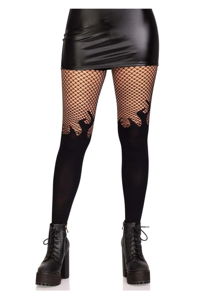 Leg Avenue Opaque Flame Tights with Fishnet Top