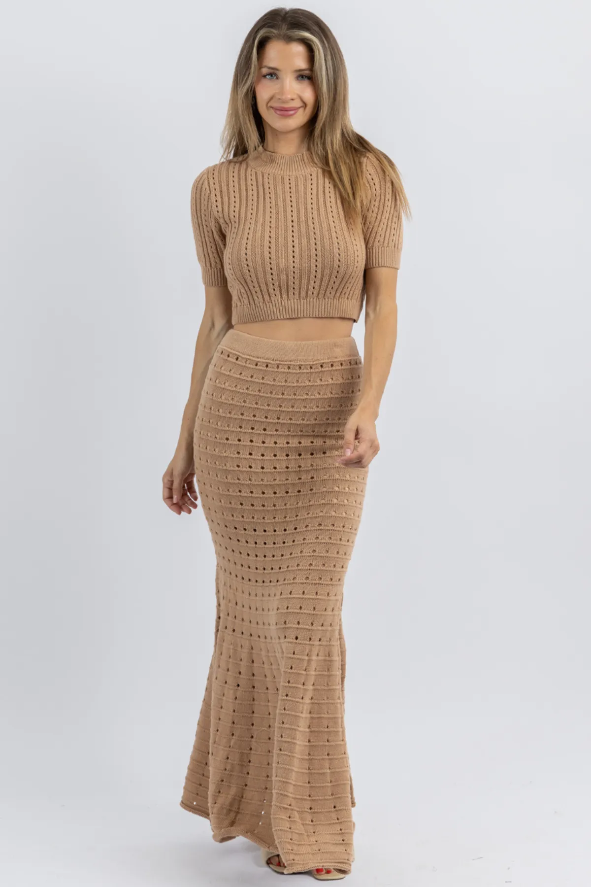 LEO MOCHA POINTELLE KNIT SKIRT SET