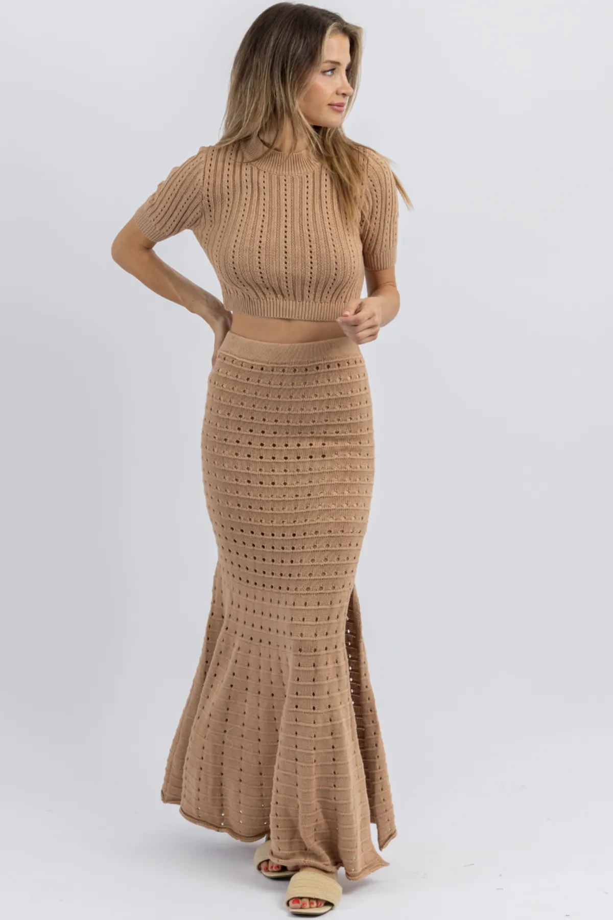 LEO MOCHA POINTELLE KNIT SKIRT SET