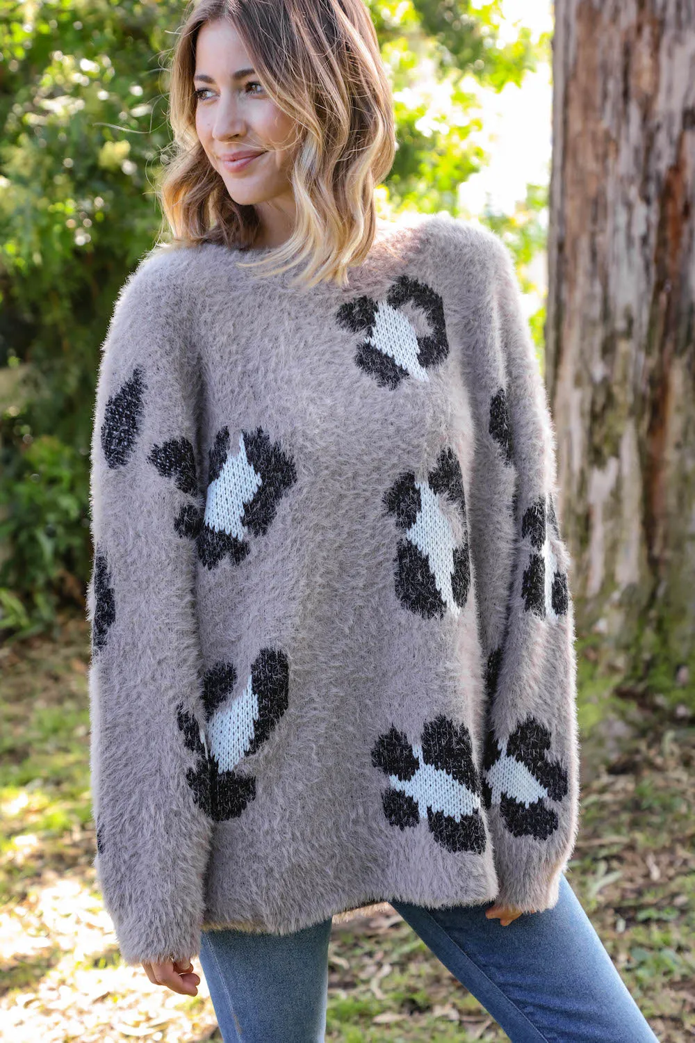 Leopard Jacquard Slouchy Knit Sweater