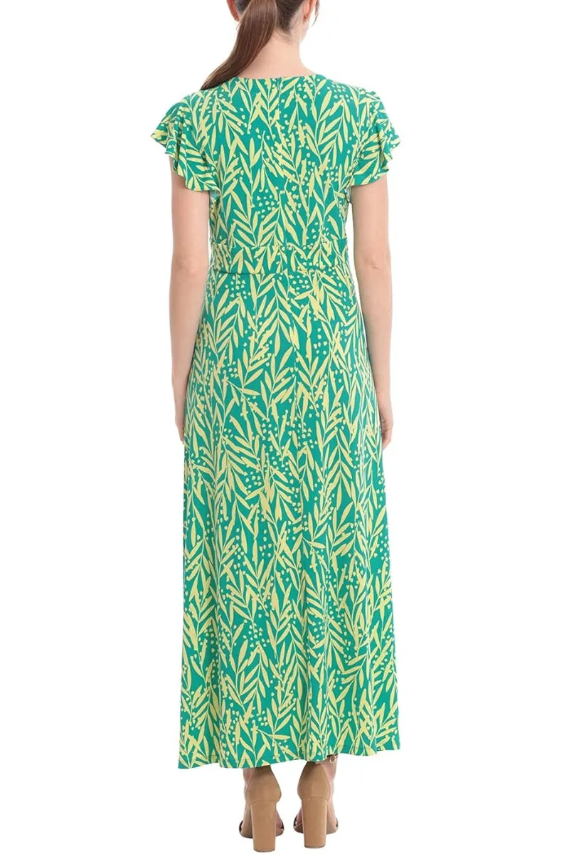 London Times Ruffled Short Sleeve V-Neck Printed Matte Jersey Maxi Dress