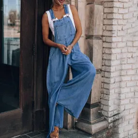 Loose overalls Big Pockets Hem Denim Wide Leg  Jumpsuit