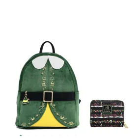 Loungefly Elf Buddy Cosplay Mini Backpack and Candy Cane Forest Wallet Bundle