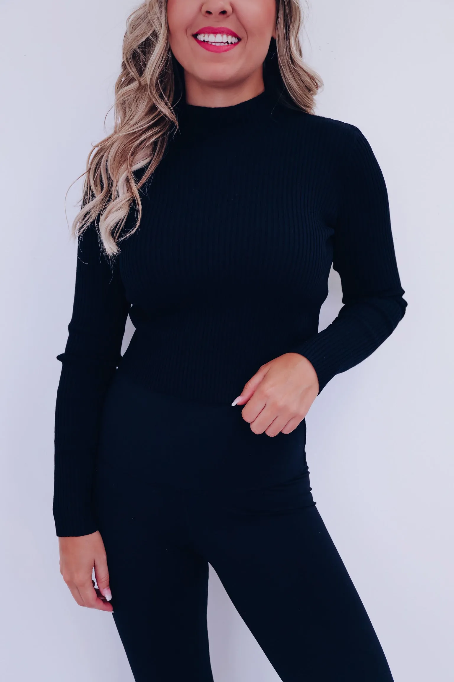 Majestic Mock Neck Crop Sweater - Black