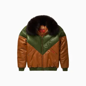 Men's Brown & Green Leather V Bomber Jacket