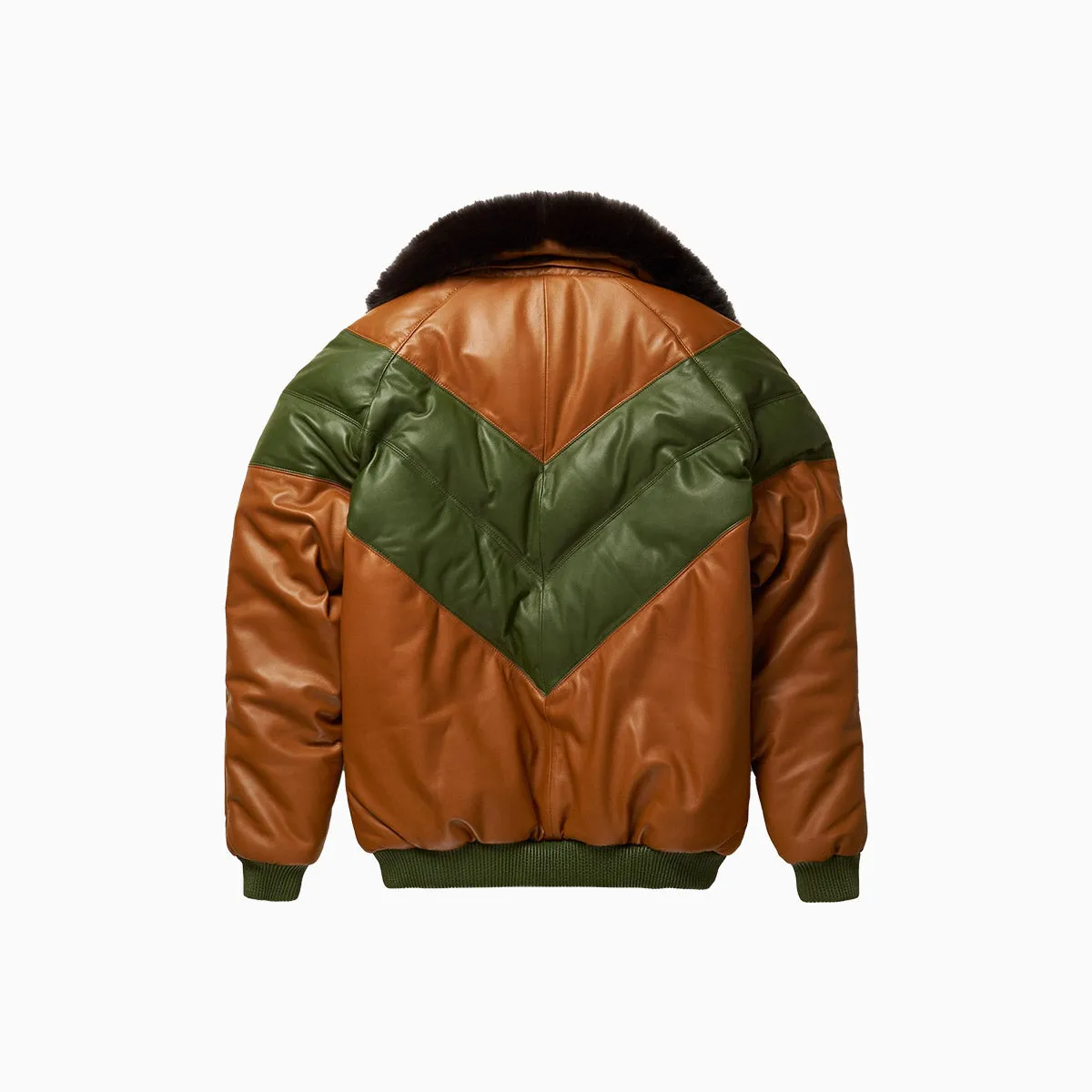 Men's Brown & Green Leather V Bomber Jacket