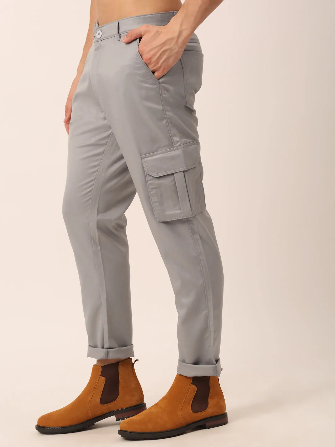 Men's Casual Cotton Solid Cargo Pants ( KGP 154 Light-Grey ) - Jainish