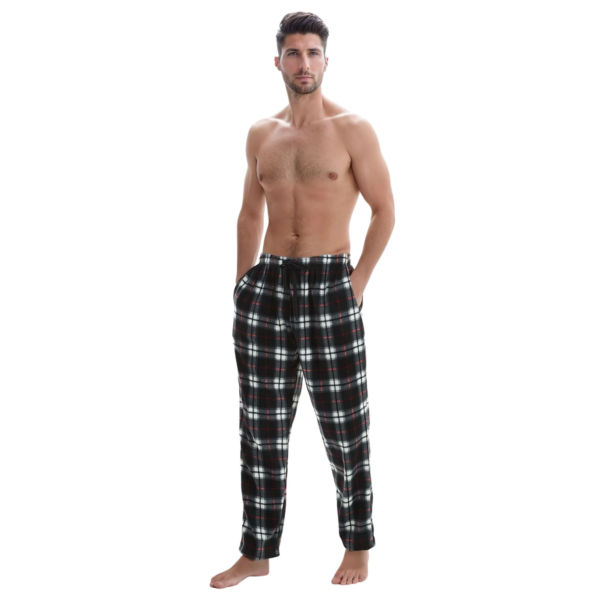 Men's Fleece Loungewear Pyjama Bottoms Lounge Pants Black Red