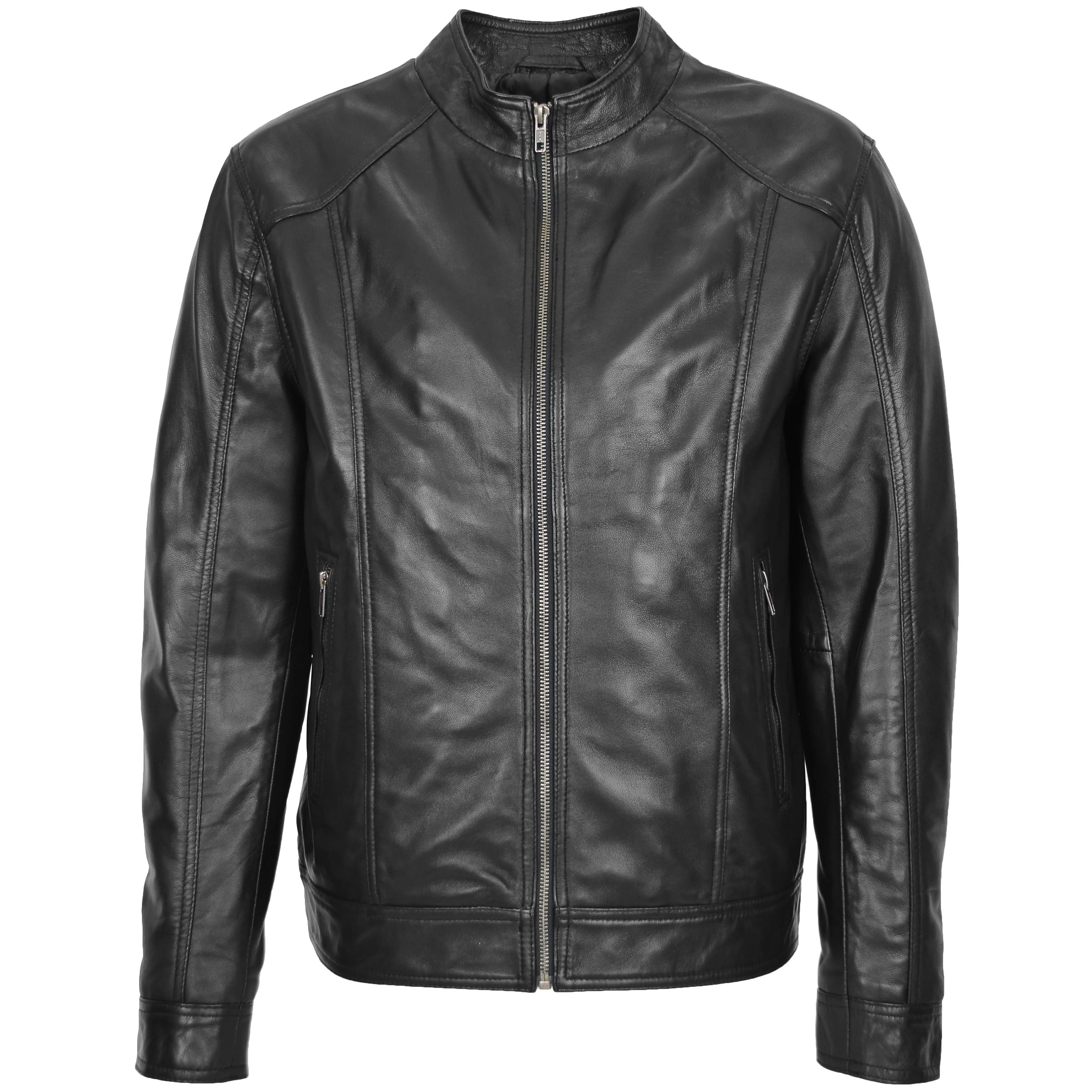 Mens Soft Leather Casual Plain Zip Jacket Matt Black