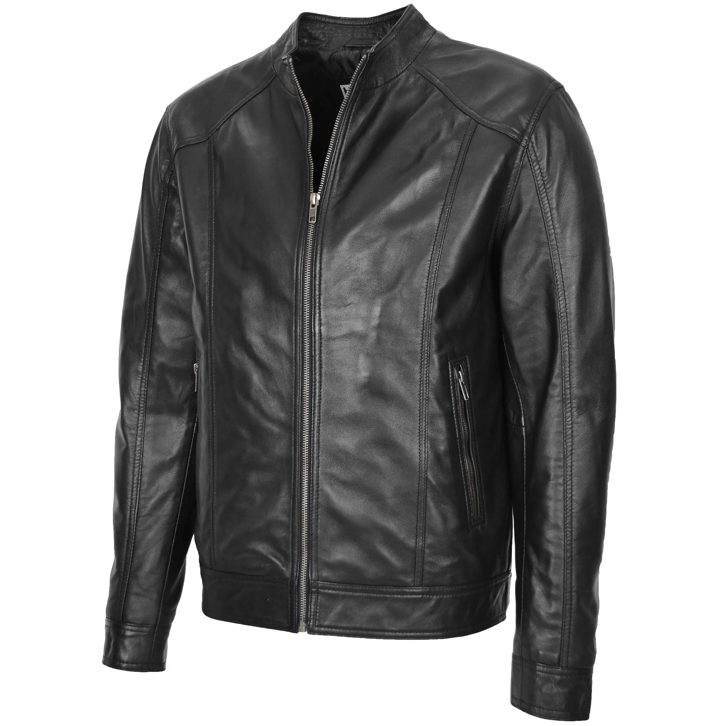 Mens Soft Leather Casual Plain Zip Jacket Matt Black