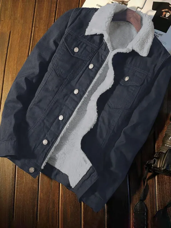 Men's warm sherpa button lapel denim jacket