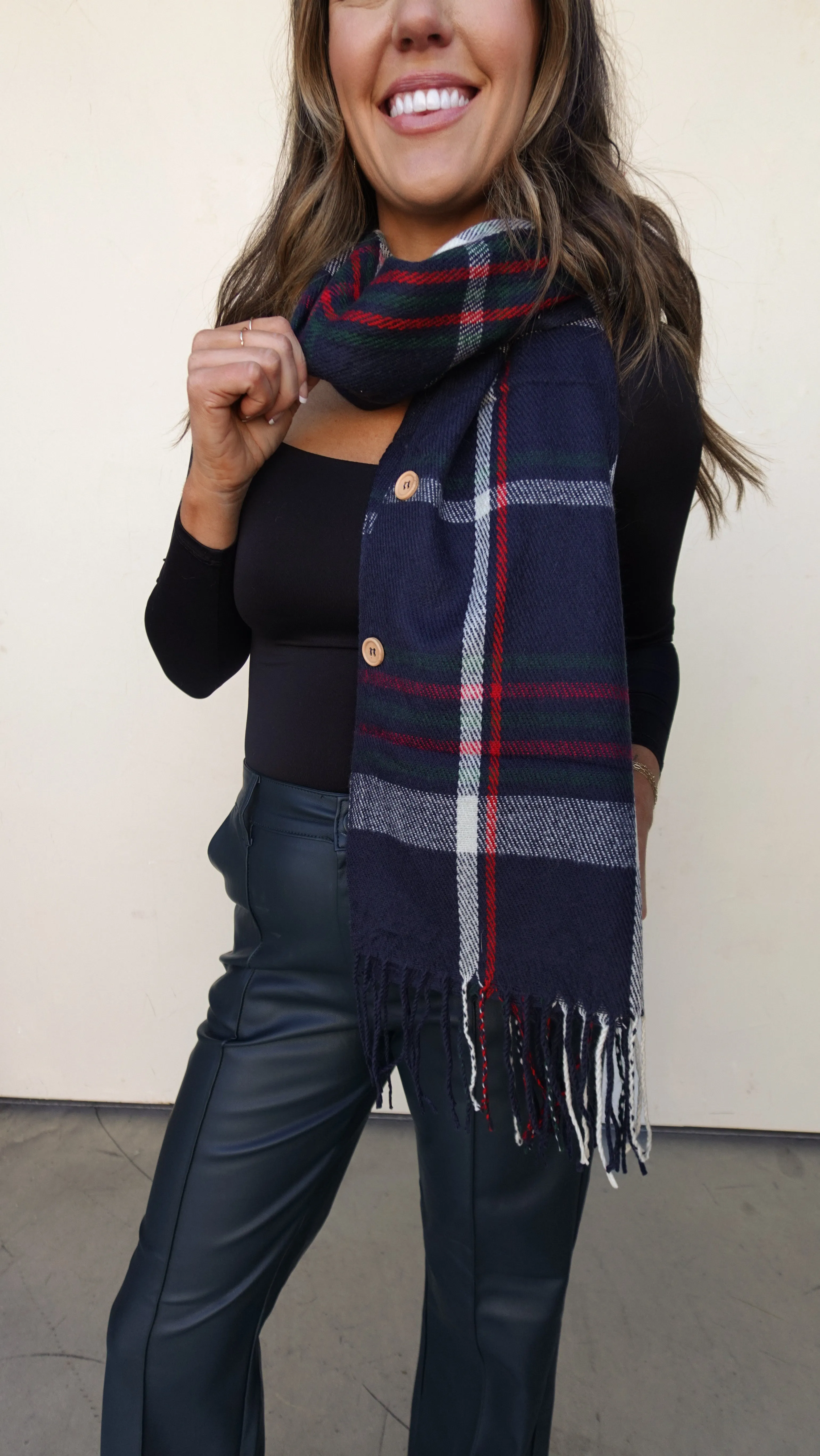 Navy Plaid Blanket Scarf with Buttons